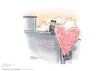 Man on roof knitting a big heart