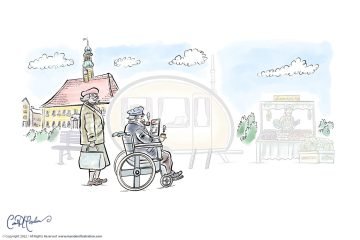 Man in wheelchair and woman in marketplace