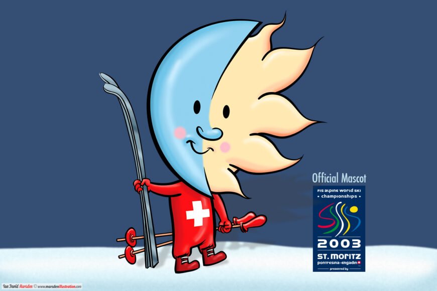 Cartoon sun-moon mascot for 2003 St. Moritz Ski Championships, in Swiss red outfit with skis.