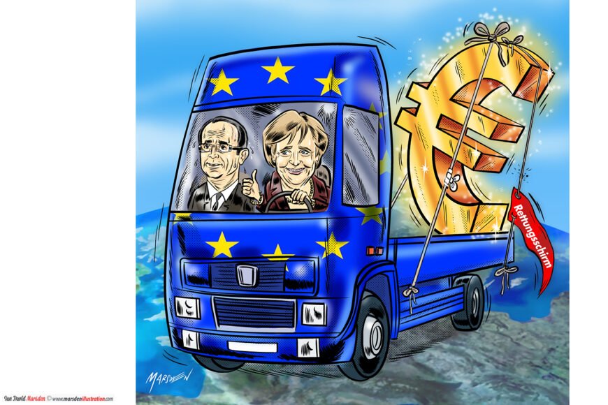 Cartoon of two people driving an EU truck carrying a large Euro symbol labeled "Rettungsschirm".