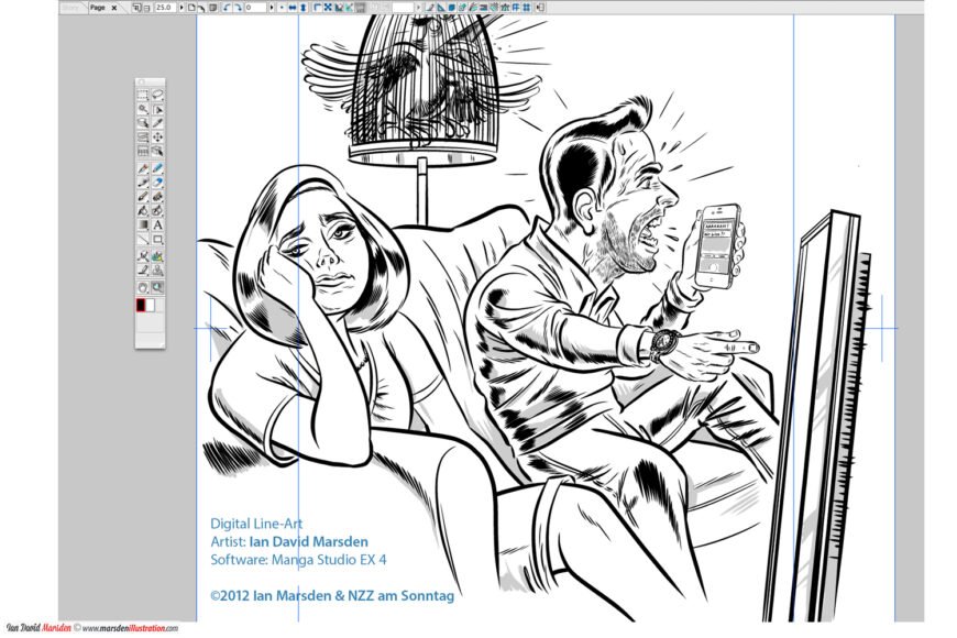 Digital illustration of a bored woman and excited man on a couch, with a birdcage lamp.