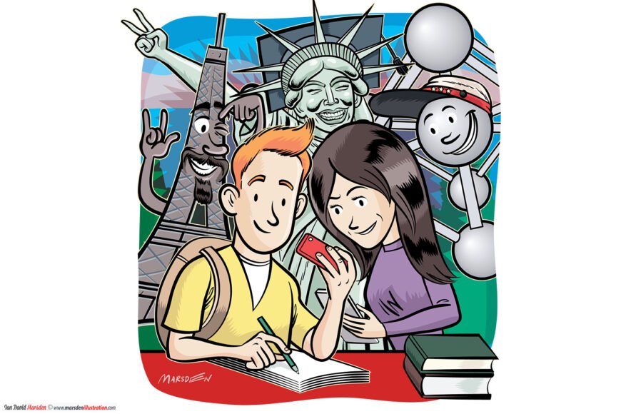 Cartoon of two people discussing travel, with famous landmarks in the background.