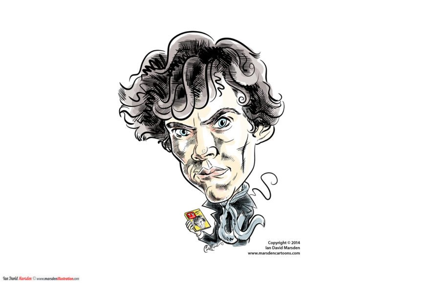 Caricature of a man with curly hair in a suit holding a card, by Ian David Marsden.