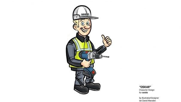 Cartoon character in construction gear giving thumbs-up with a power drill.