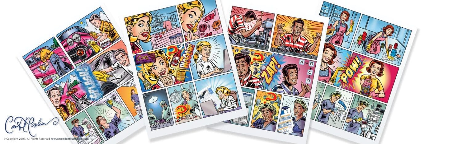 Large format business comic pages for Draeger Global - Break the chain of infection