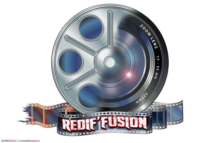 Film reel designed as zoom lens with film strip labeled "Redif' Fusion" around it.