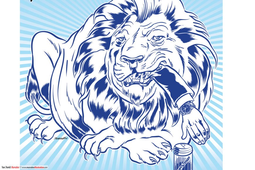 Illustrated lion biting an arm with a watch, can on ground, blue radiating background.