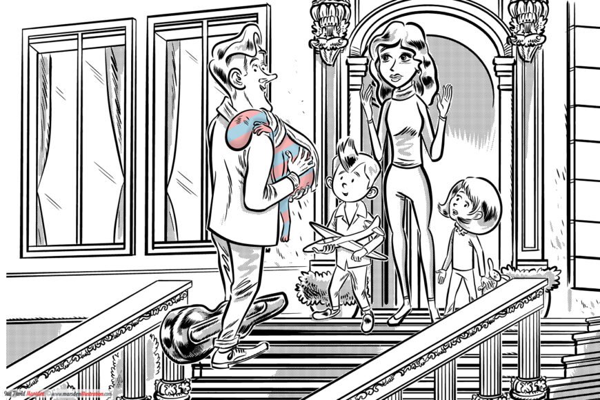 Man with baby on building steps, woman and kids nearby, toy airplane and guitar case present.