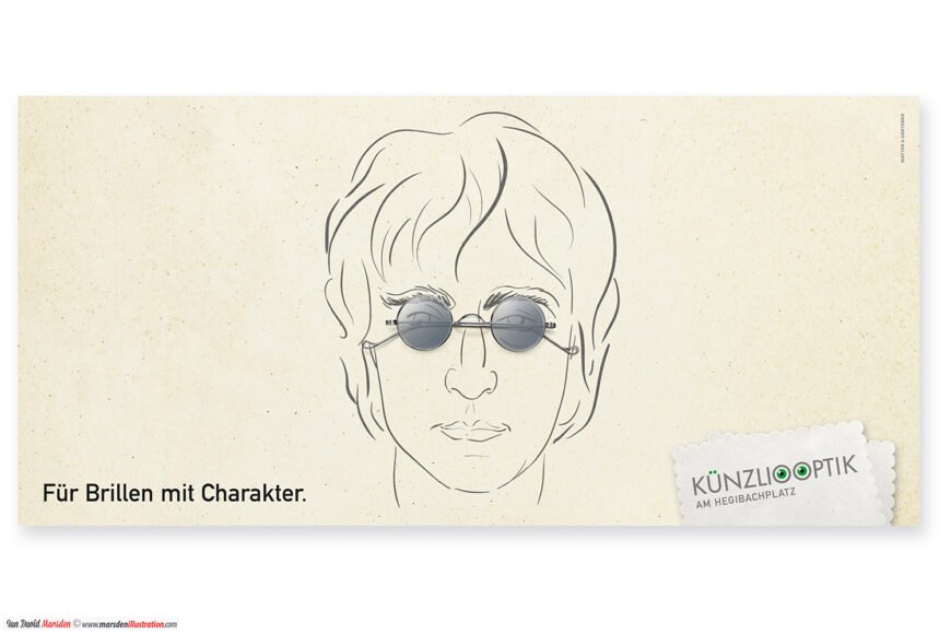 Minimalist drawing of person in glasses, text "Für Brillen mit Charakter," Künzli Optik logo.