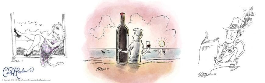 woman with cat ears by window, person with wine in water, man with floral hat.