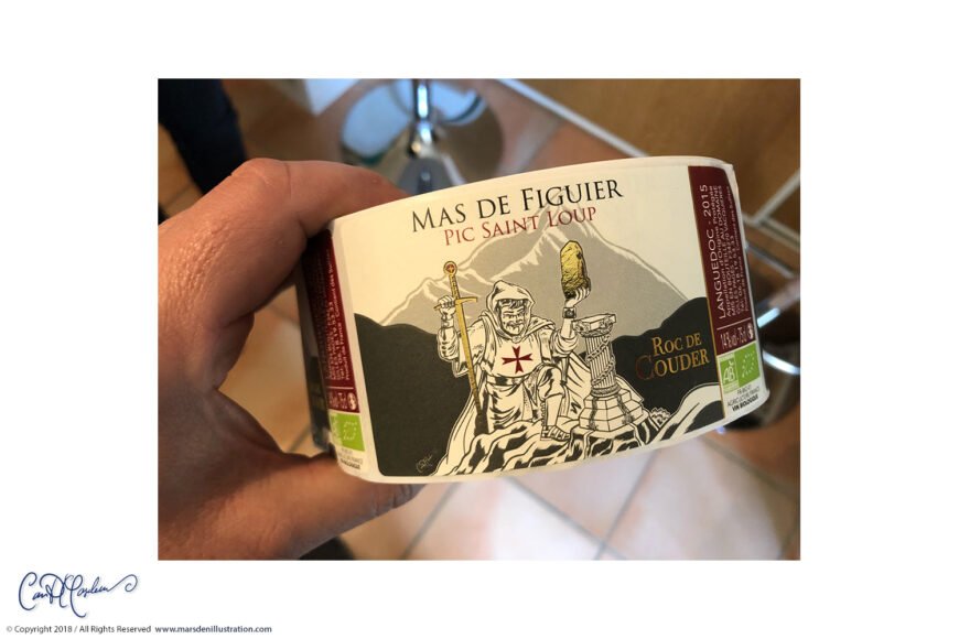 Mas de Figuier 2015 wine label with a knight and organic certification logos.