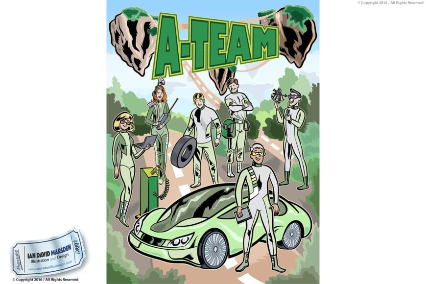 Poster of seven people in green uniforms around a futuristic car in a forest, titled "A-TEAM".