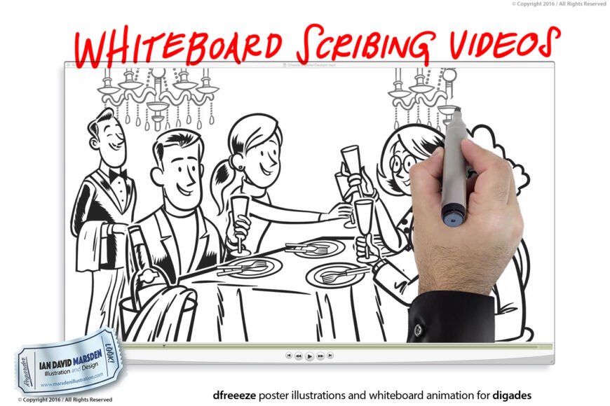 Animated characters toast at dinner table, hand drawing scene, titled "Whiteboard Scribing Videos".