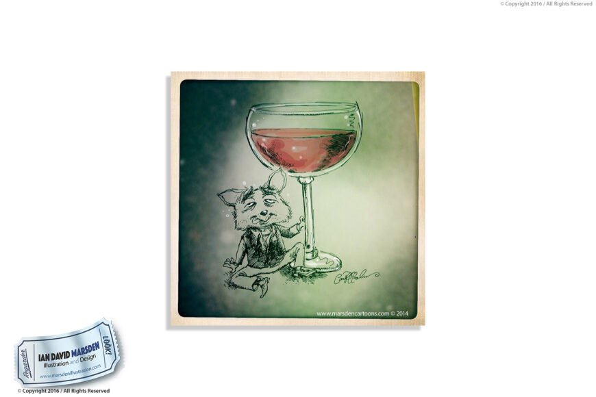 Anthropomorphic animal in suit beside large wine glass; whimsical and dreamy setting. Artwork signed.