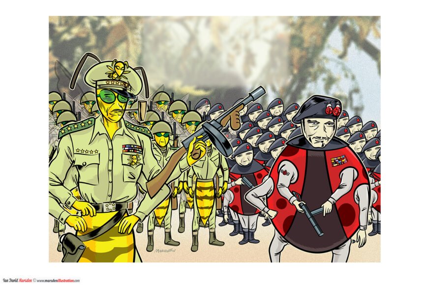 Anthropomorphic insects in military attire, led by yellow insect and ladybug, with ranks.