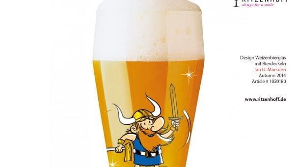 Beer glass with cartoon Viking holding a sword, designed by Ian D. Marsden, Ritzenhoff 2014.