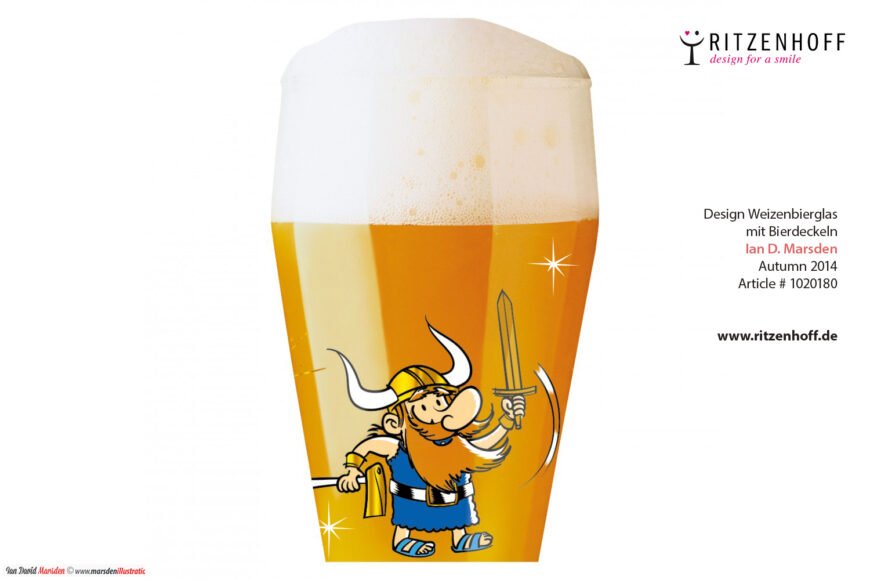 Beer glass with cartoon Viking holding a sword, designed by Ian D. Marsden, Ritzenhoff 2014.