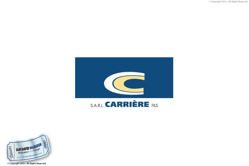 Logo with a blue rectangle, stylized "C", text "S.A.R.L. CARRIÈRE FILS", designer Ian David Marsden.