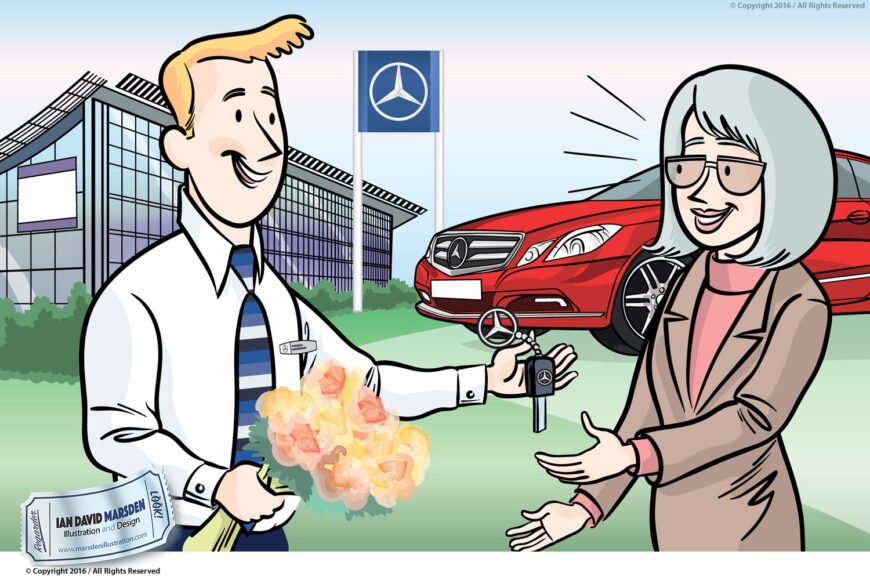 Cartoon of salesman offering car keys and flowers to woman at dealership.