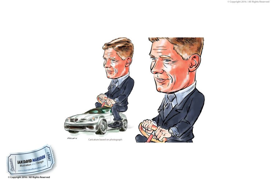 Caricature of man in suit driving a toy sports car on white background, by Ian David Marsden.