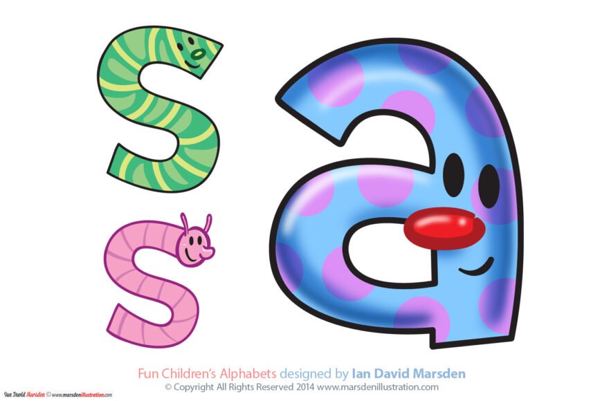 Colorful cartoon alphabet letters; "S" as snake and worm, "A" with polka dots and clown nose.