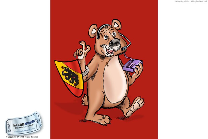 Cartoon bear with headset, shield with bear emblem, and small keyboard on a red background.