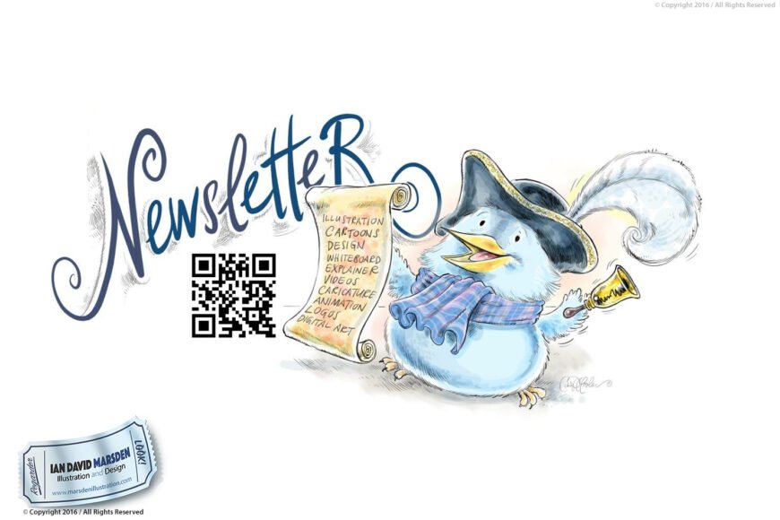 Cartoon bird with hat, feather, and scarf holding services scroll, "Newsletter," QR code.