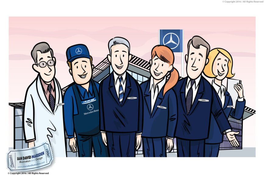 Cartoon of six smiling people in business and mechanic attire at Mercedes-Benz building.