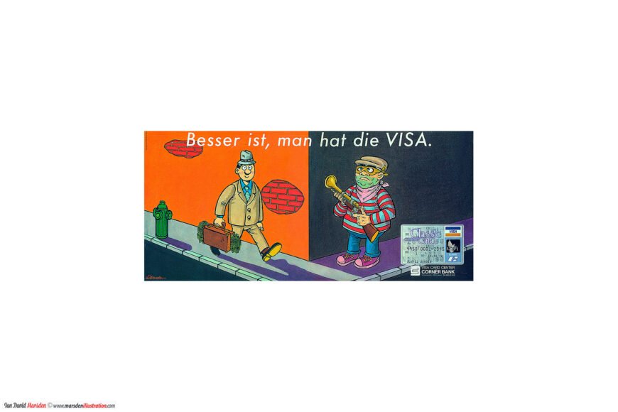 Cartoon ad with a confident businessman and thief, promoting VISA card benefits in German.