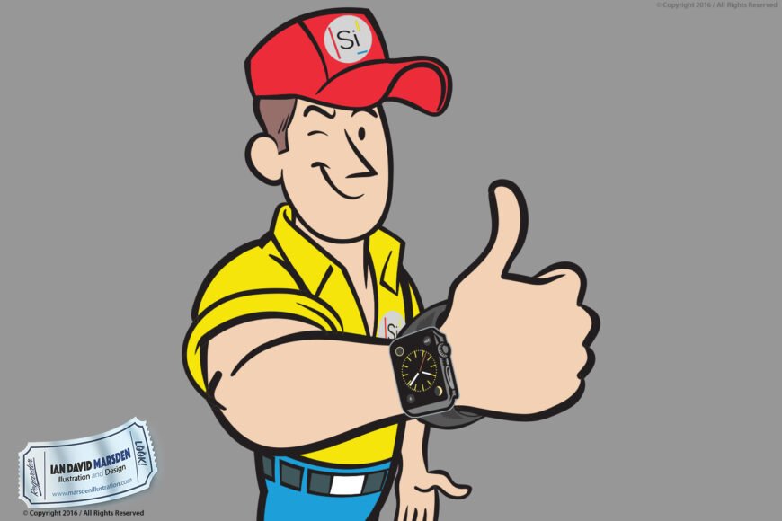 Cartoon character in red hat and yellow shirt, smiling and giving thumbs-up with smartwatch.