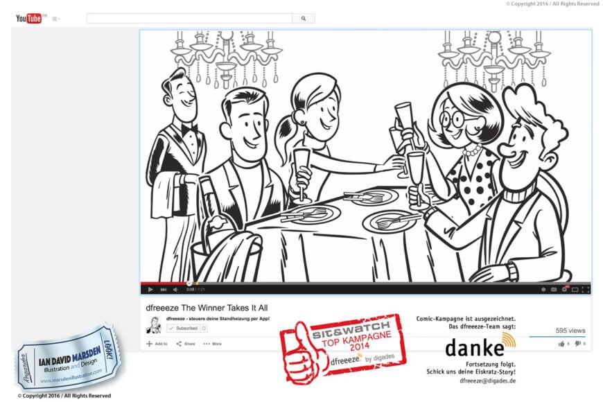 Cartoon of people toasting at a table, server with bottle, chandelier, 2014 award stamp.