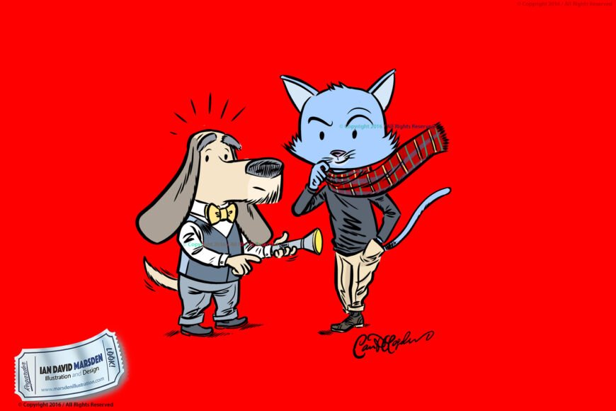 Cartoon dog with clarinet meets blue cat in scarf against red background, ticket in corner.