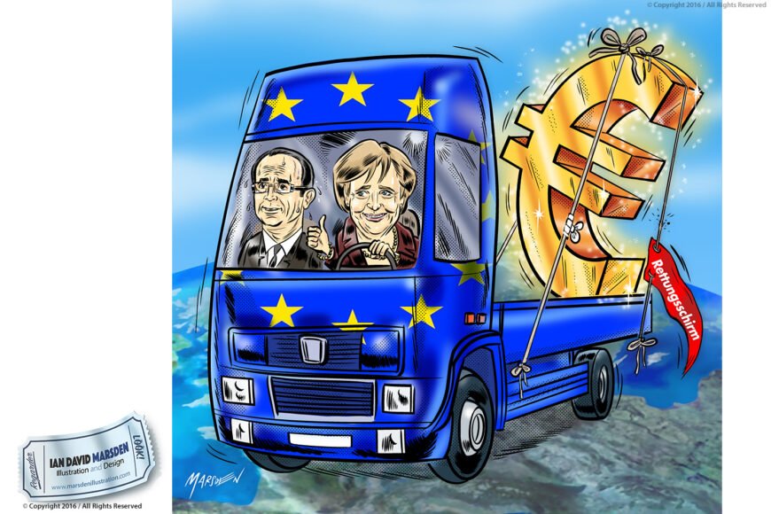 Cartoon of EU truck carrying euro sign labeled "Rettungsschirm" driven by two people.