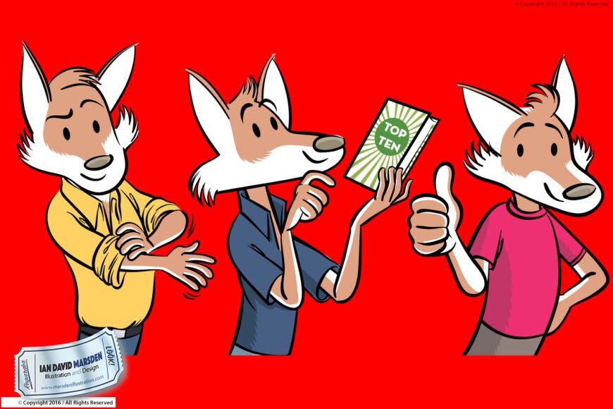 Three cartoon foxes on red background, one rolling sleeve, one with book, one giving thumbs-up.