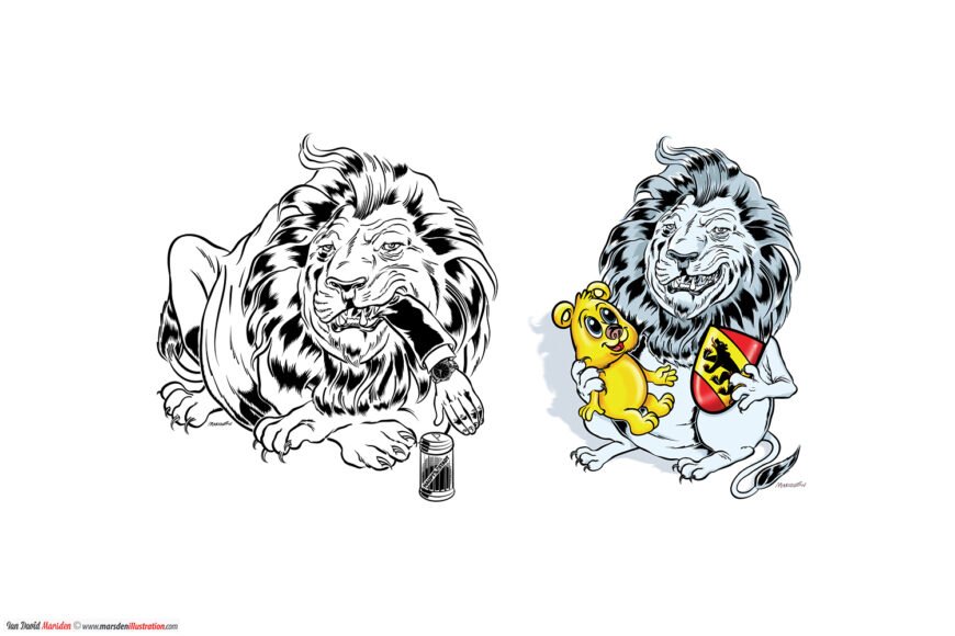 Two cartoon lions; one smokes with can, another holds bear and shield with lion emblem.