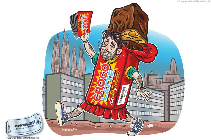 Cartoon of a man in a giant chocolate bar costume running in a city with landmark buildings.