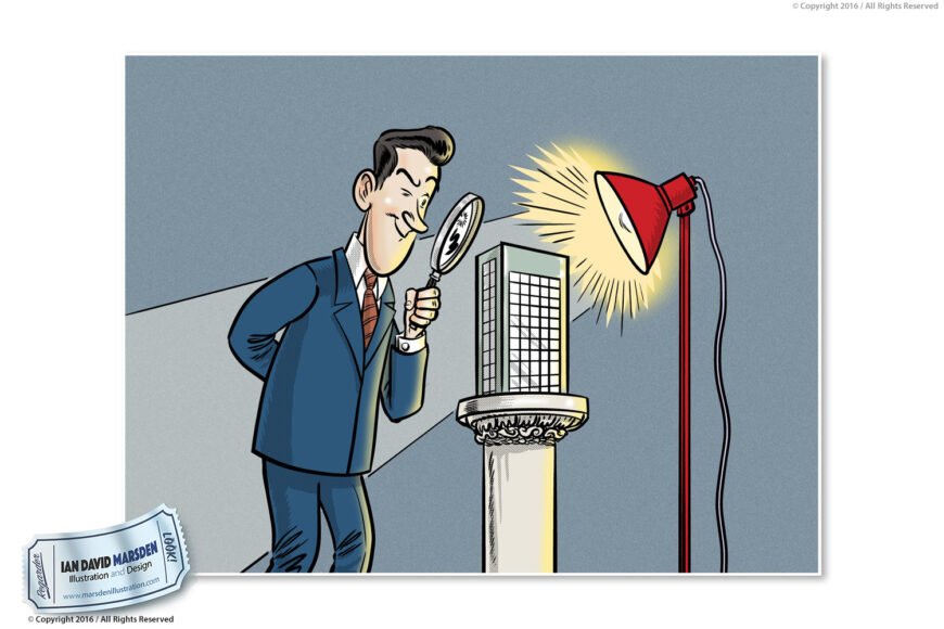 Cartoon man in suit uses magnifying glass to examine model building under red lamp.