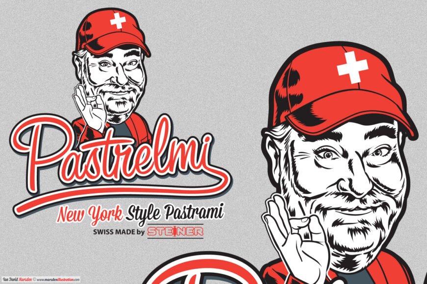 Cartoon man in red cap, "Pastrelmi - New York Style Pastrami", Swiss Made by Steiner.