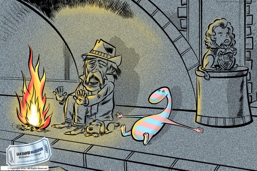 Cartoon person warming hands by fire with dog and colorful creature, lion statue in background.