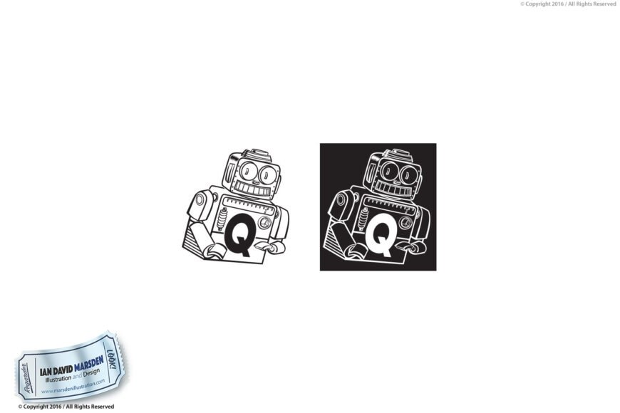 Two cartoon robots with a "Q" card, black and white outlines, by Ian David Marsden.