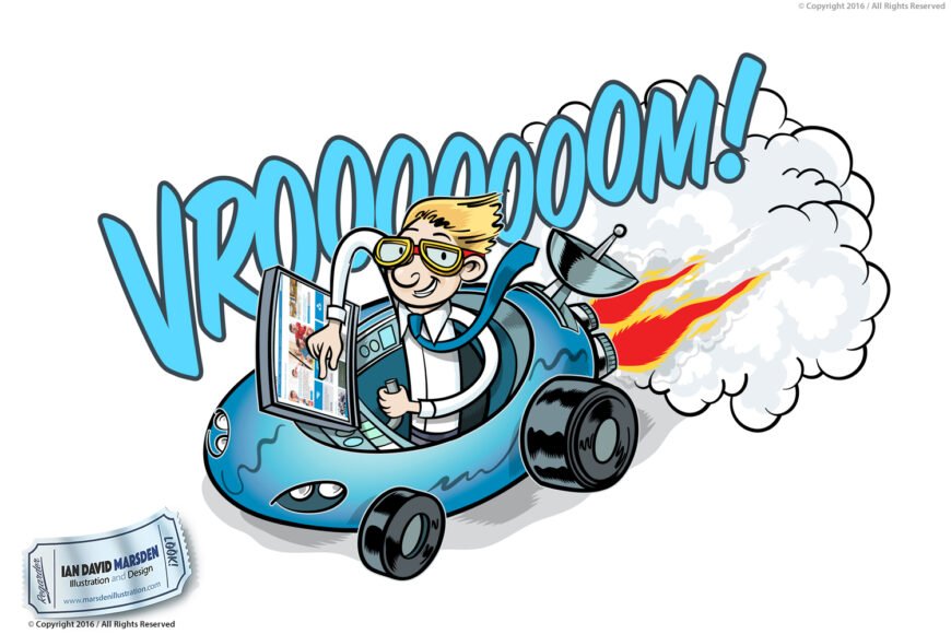 Cartoon of person in goggles driving a rocket car with flames and "VROOOOOM!" text.