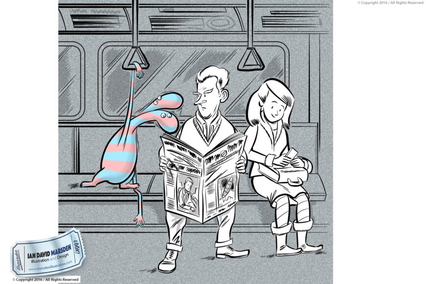 Cartoon subway scene with a creature, a man reading a newspaper, and a woman on her phone.