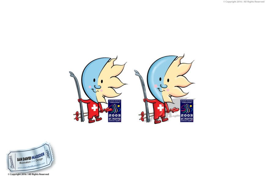 Illustration of two cartoon suns with skis, Swiss flag, and "2003 St. Moritz" text.