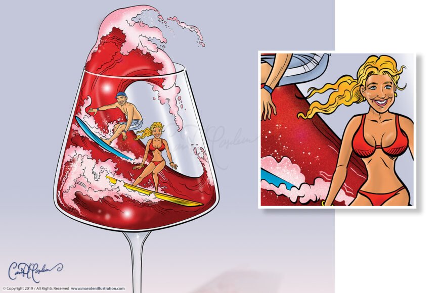 Cartoon surfers on red wine waves in a glass, inset shows smiling female surfer in red bikini.