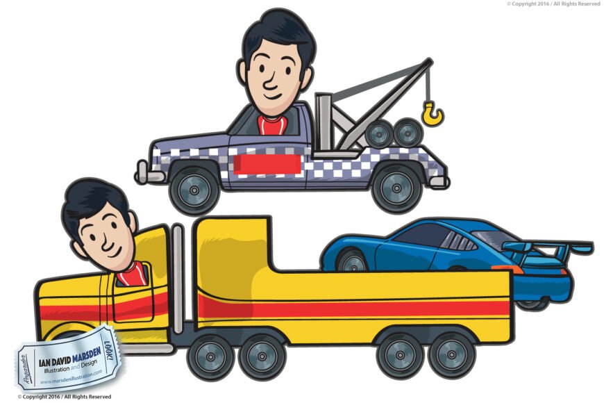 Cartoon characters in a tow truck and semi-truck carrying a blue sports car, with ticket graphic.