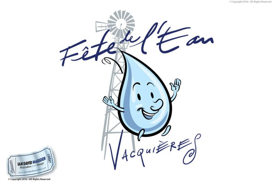 Cartoon water droplet with arms and smiling face, windmill silhouette, "Fête de l'Eau Vacquières" text.