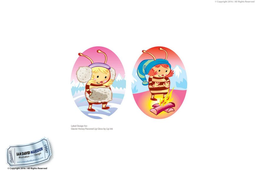 Cartoon characters in winter gear, one with a cookie, one warming near a fire, snowy setting.