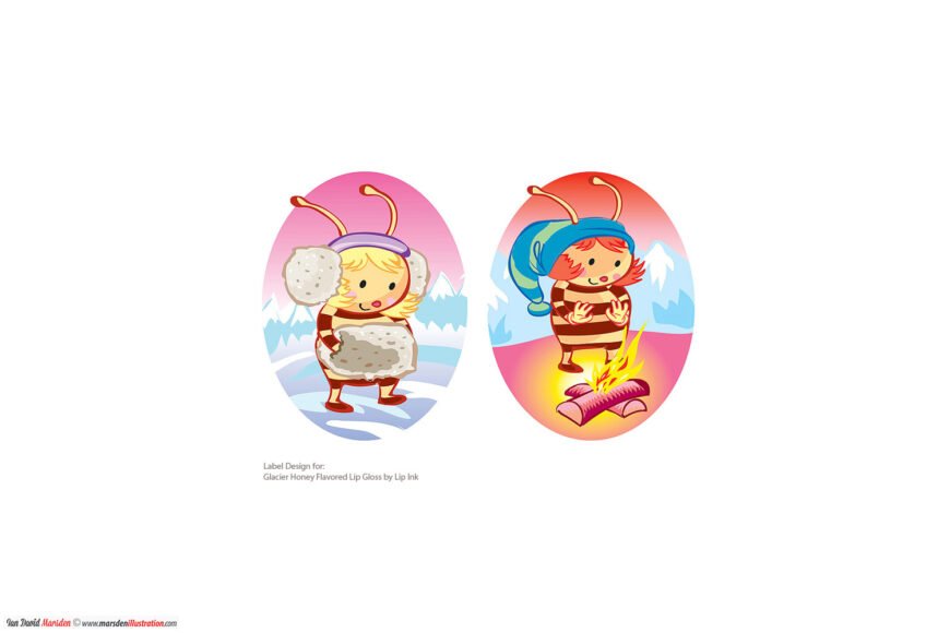 Cartoon characters in winter, earmuffs and campfire, label for glacier honey lip gloss.