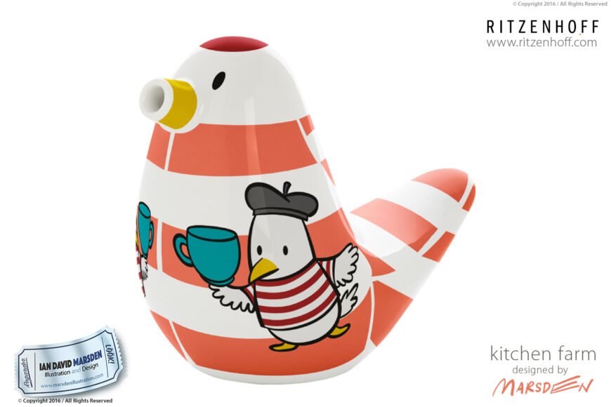 Ceramic bird teapot with red stripes and cartoon duck in a beret by Ian David Marsden.