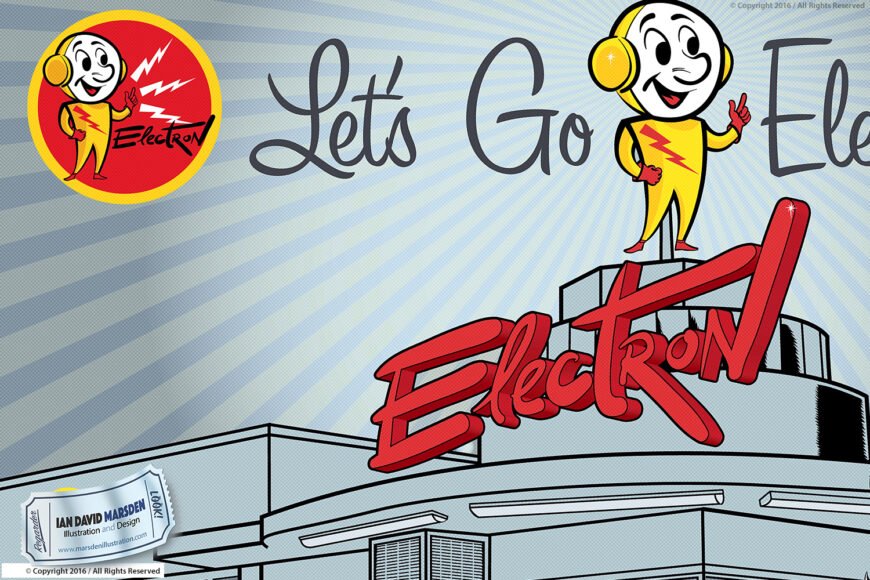 Character with headphones, yellow outfit, on building labeled "Electron," with "Let's Go" text.